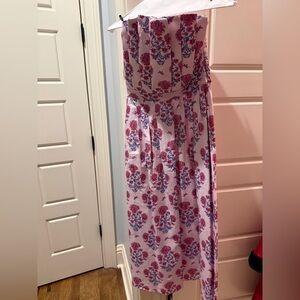 Pants Store Floral Strapless Midi Dress in Light Pink and Fuchsia